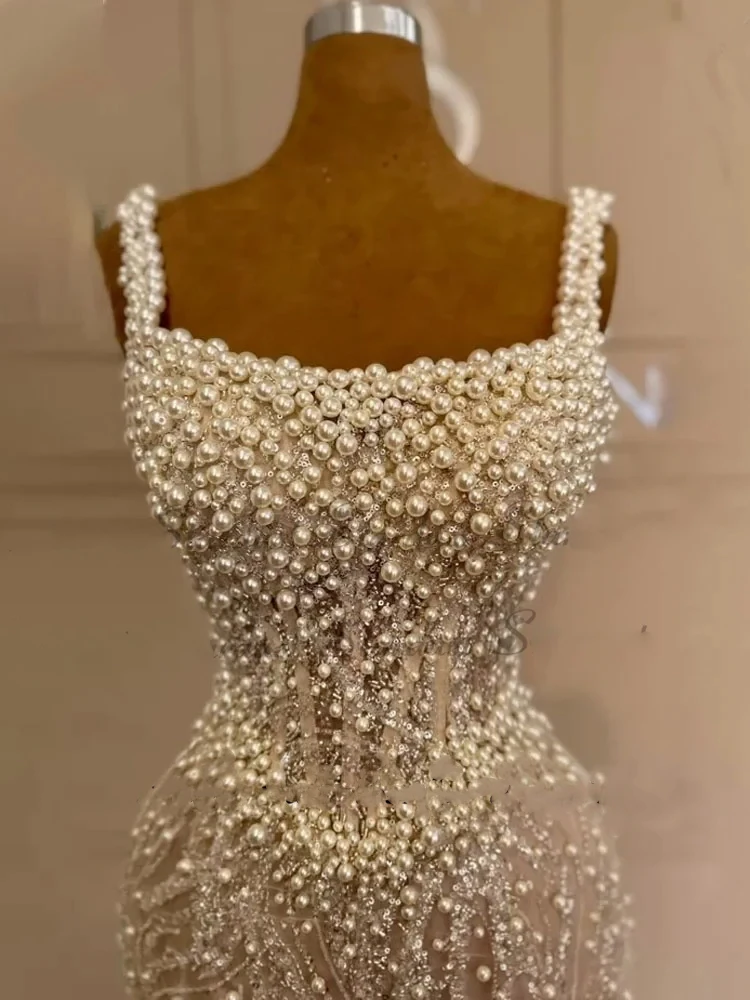 Customized Exquisite Prom Gowns High Quality Column Beading Pearls Gown Square Aristocratic Style Mermaid Evening Dresses Women