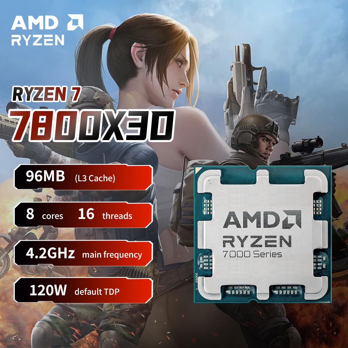 AMD Ryzen 7 7800X3D 4.2GHz L3=96M Processor 120W 8-Core 16-Thread R7 7800X3D Socket AM5 5NM DDR5 but No Fan