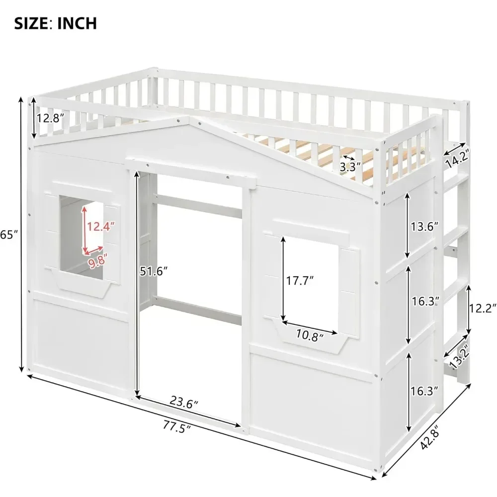 Twin Bed Frames House Loft Bed Twin Kids Playhouse Bed, Solid Wood Loft Bed Frame with Window and Ladder, for Girls Boys