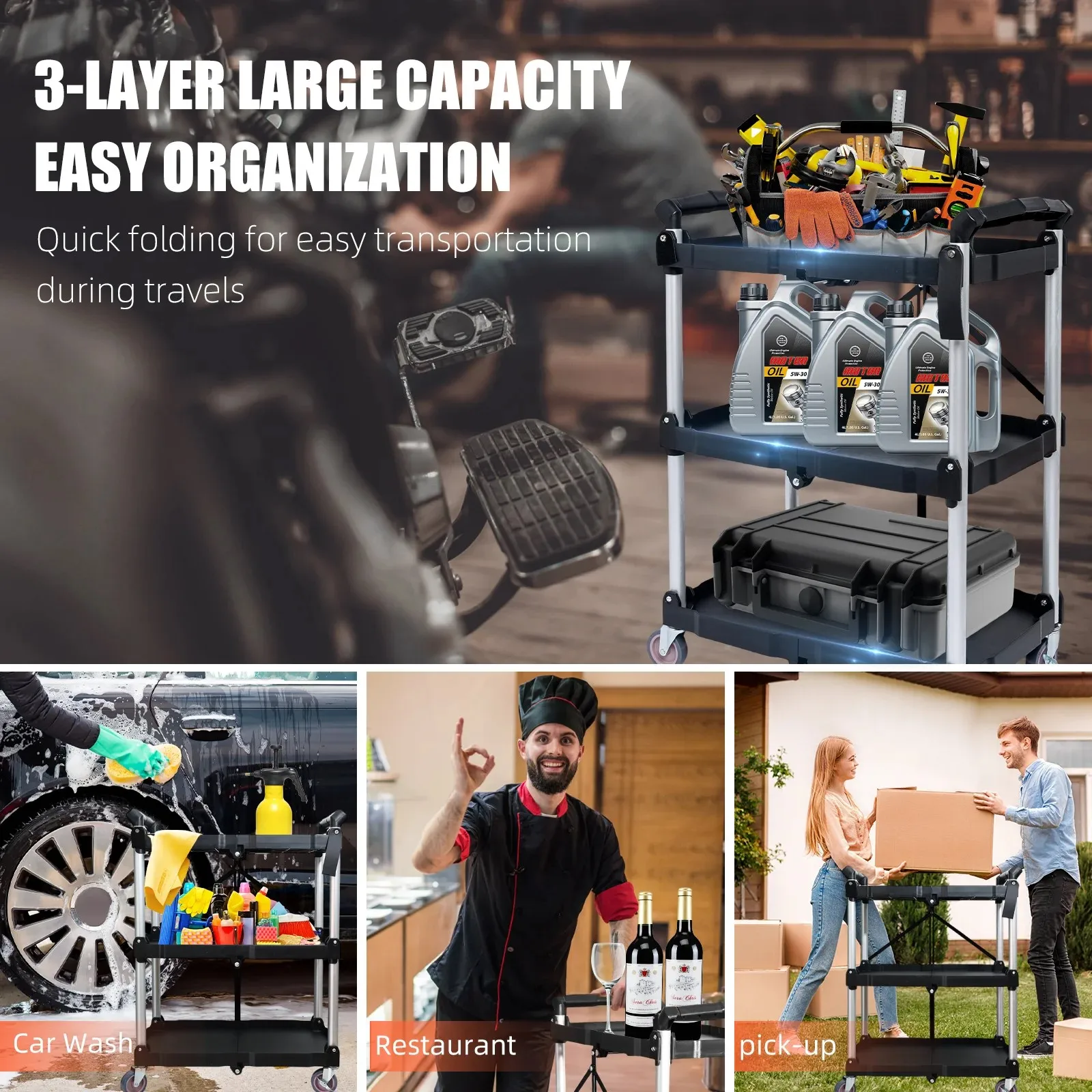 Foldable Service Carts with Wheels 3 Tier Portable Utility Rolling Tool Garage Cart Collapsible Storage Cart