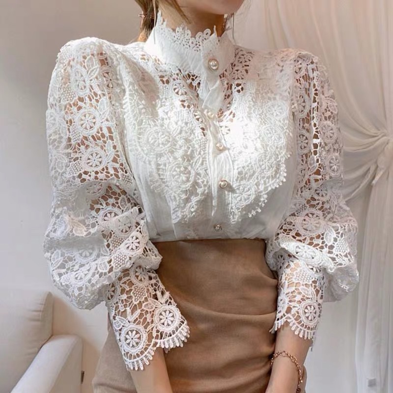 Elegant Lace Tops Embroidery Hollow Out Solid Stand Collar Female Tunic Plus Size Petal Sleeve Spring Womens Tops And Blouses