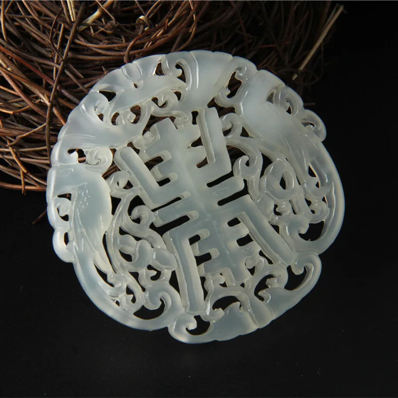 Natural xiu jade estilo antigo longevidade pingente retro oco duplo phoenix pingente xiu jade unissex jade pingente diypendant
