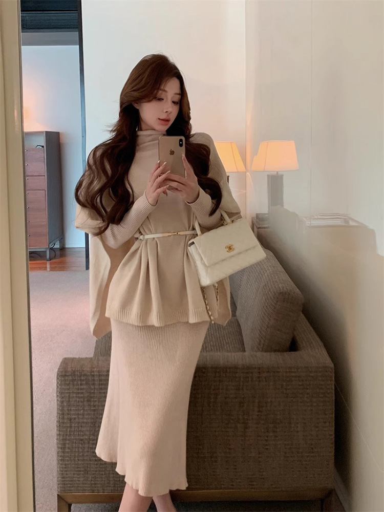 ファッショナブルなニットケープセット女性のベルト付きスリムフィットドレススリーピーススイート春 2025 新着エレガントなハイエンド感