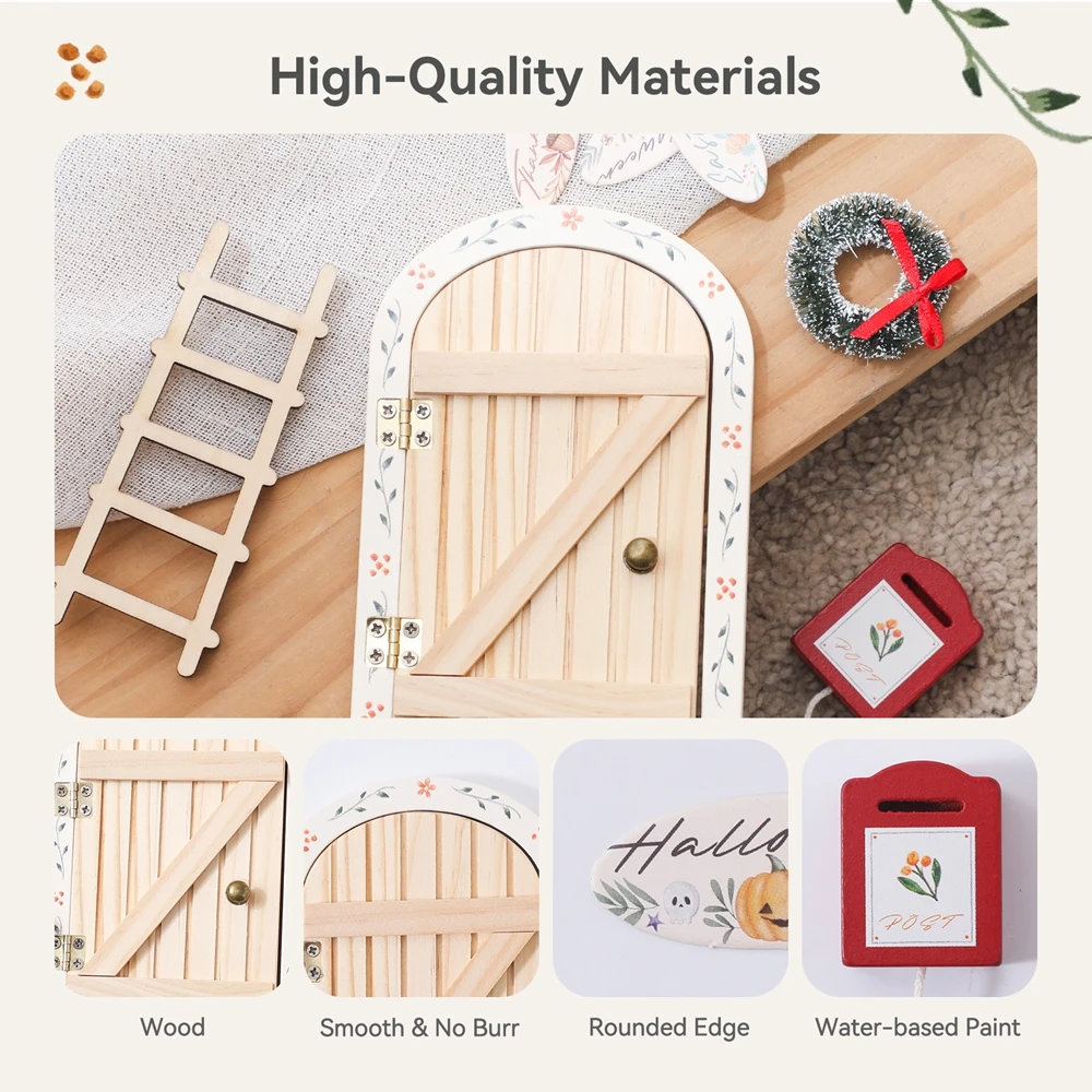 Casa de bonecas mini decorações para casa estilo natal porta elfo de madeira com acessórios decoração da escada da parede do quarto do bebê presentes do bebê