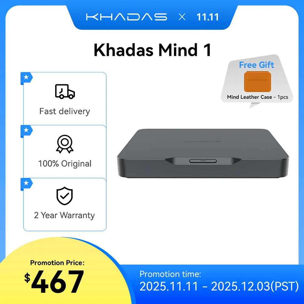 Khadas Mind 1 Mini PC, computadora de escritorio micro Intel Core i7-1360P de 5,0 GHz con batería en espera de 5,5 Wh, 32 GB + 1 TB WiFi 6E, BT5.3