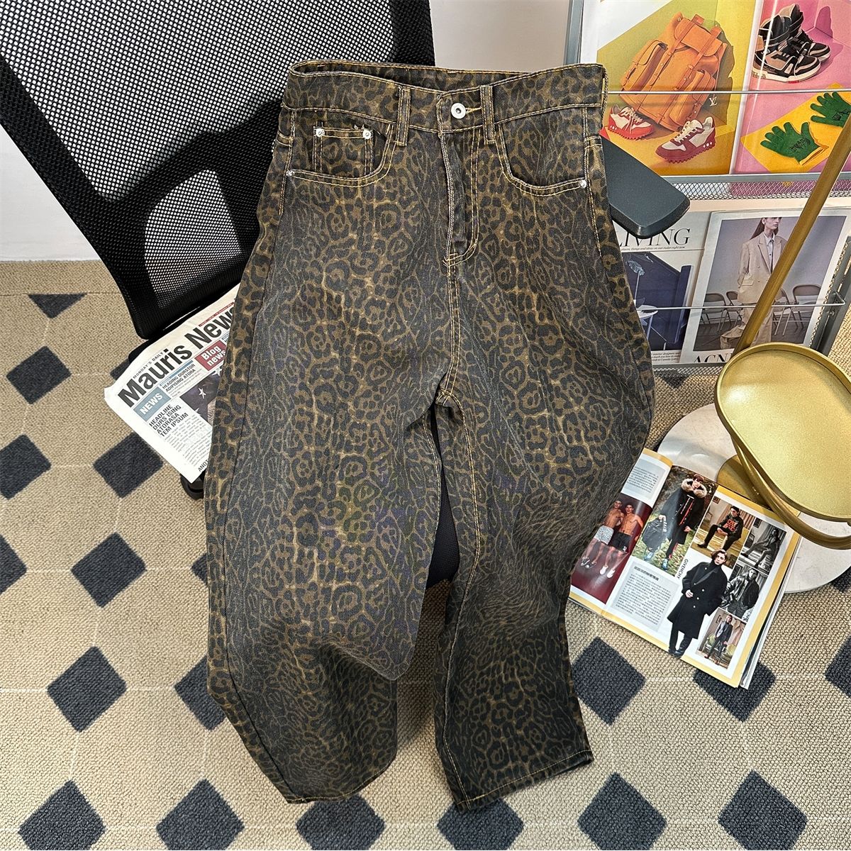 Retro wiosenne modne dżinsy z nadrukiem lamparta damskie amerykańskie spodnie High Street Y2K styl Harajuku luźne spodnie na co dzień z wysokim stanem