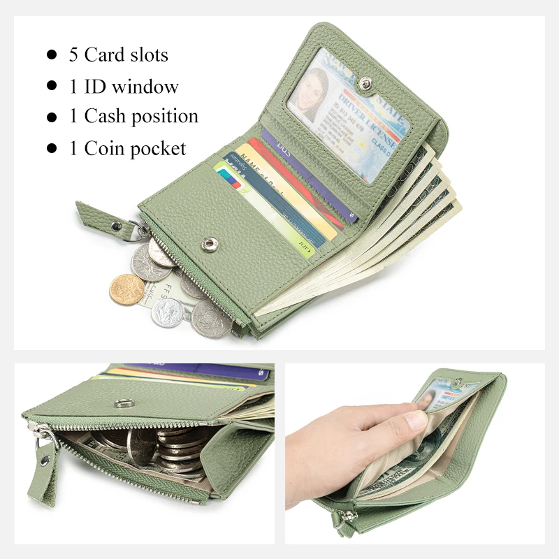 ผู้หญิงหนังแท้กระเป๋าสตางค์สั้นบาง RFID Blocking Bi-Fold กระเป๋าสตางค์ผู้ถือบัตรเครดิตคลิปเงินกระเป๋าสตางค์ซิปกระเป๋าเหรียญ