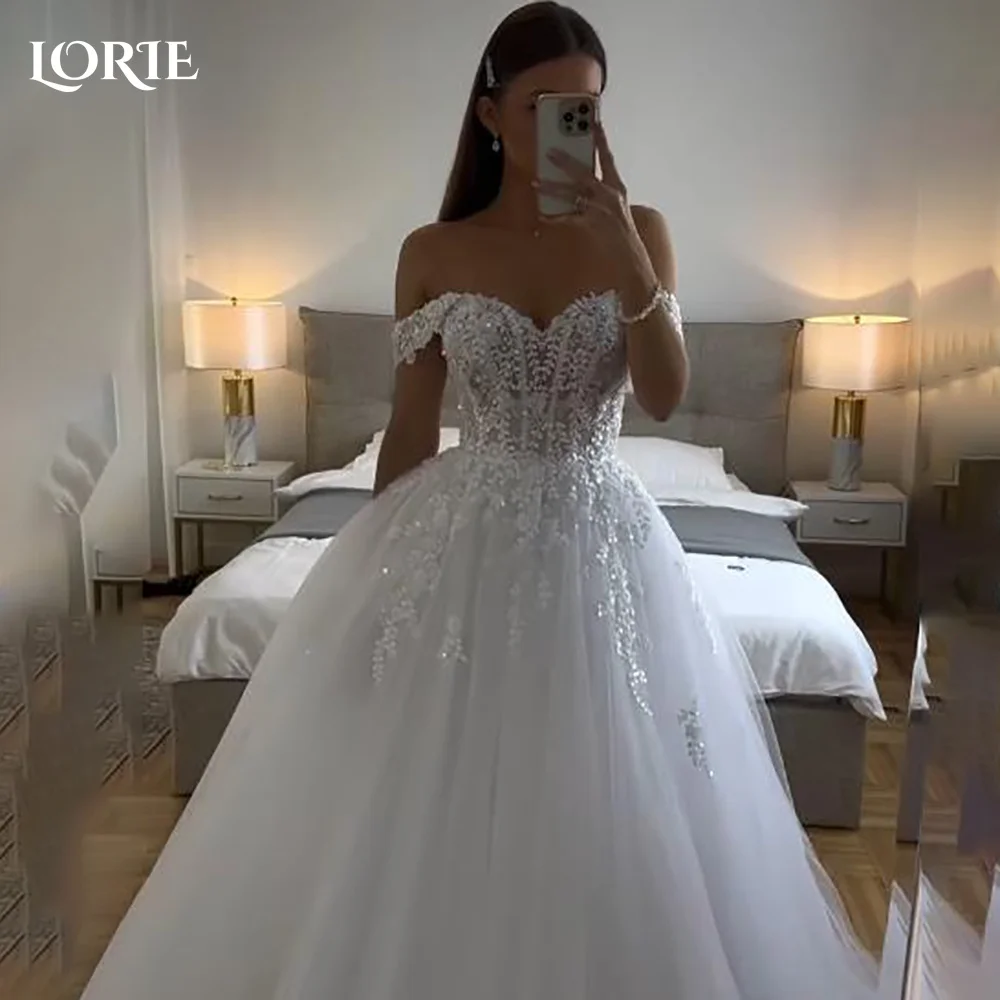 LORIE Abito da sposa vintage in pizzo glitterato A-Line lucido con spalle scoperte Abito da sposa con scollo a cuore Abito da sposa scintillante principessa personalizzato