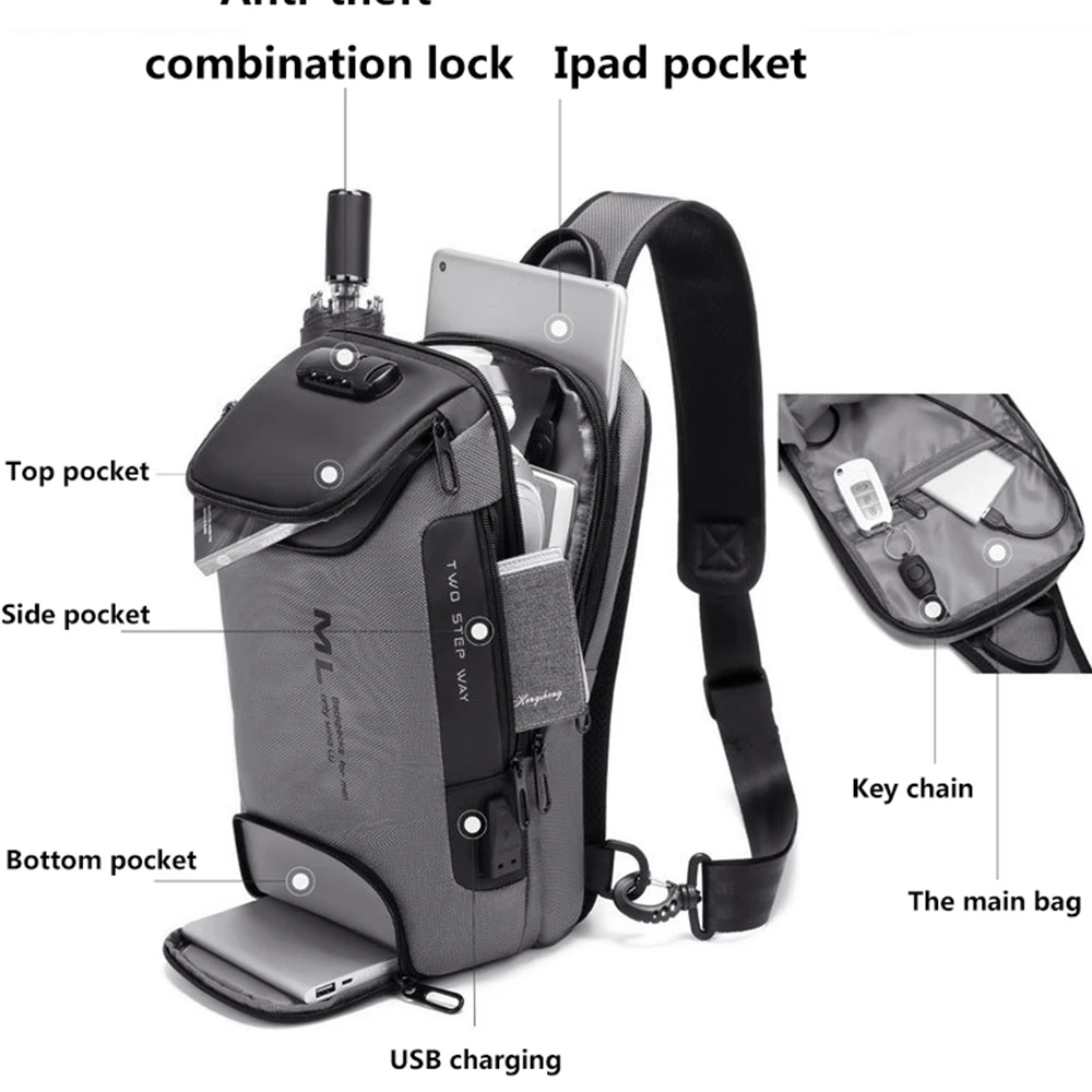 Männer Mode Anti-diebstahl Lock Multifunktions Schulter Taschen USB Lade Sling Crossbody Reise Messenger Brust Tasche Pack Für Männliche