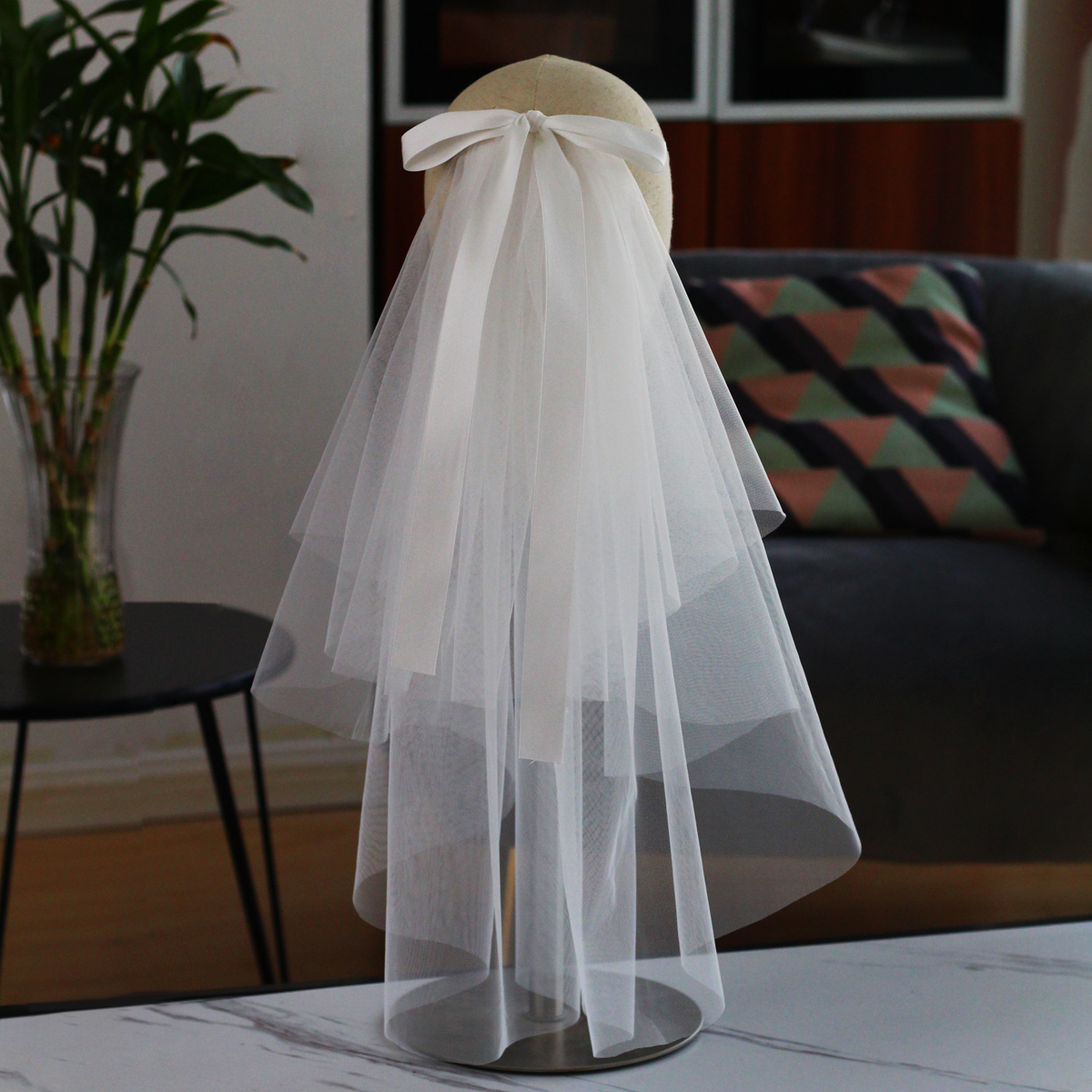LA003 Bridal Veil Two-Layer Plain Tulle Satin Bow Handmade White Short Headdress Veil for Wedding Dress
