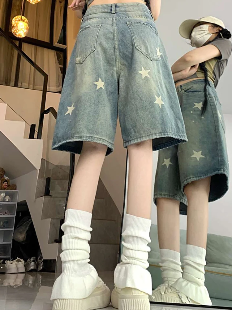 Vrouwen Hoge Taille Amerikaanse Retro Gewassen Wijde Pijpen Jeans Meisjes Straat Doen Oude Ster Losse Denim Broek Vrouwelijke Blauwe Knielengte Shorts