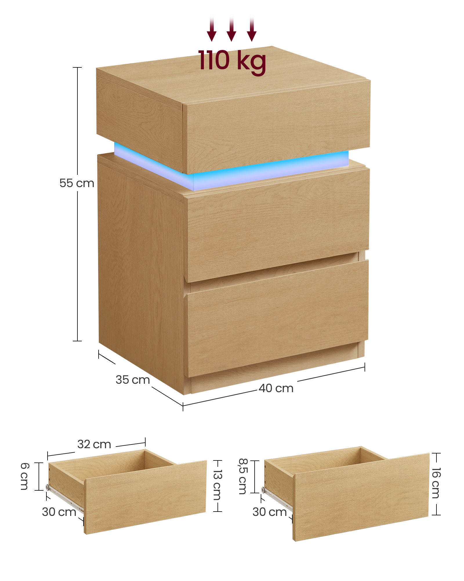 Vasagle Nachtkastje (1-st), Met Led-Verlichting, Verstelbare Kleuren