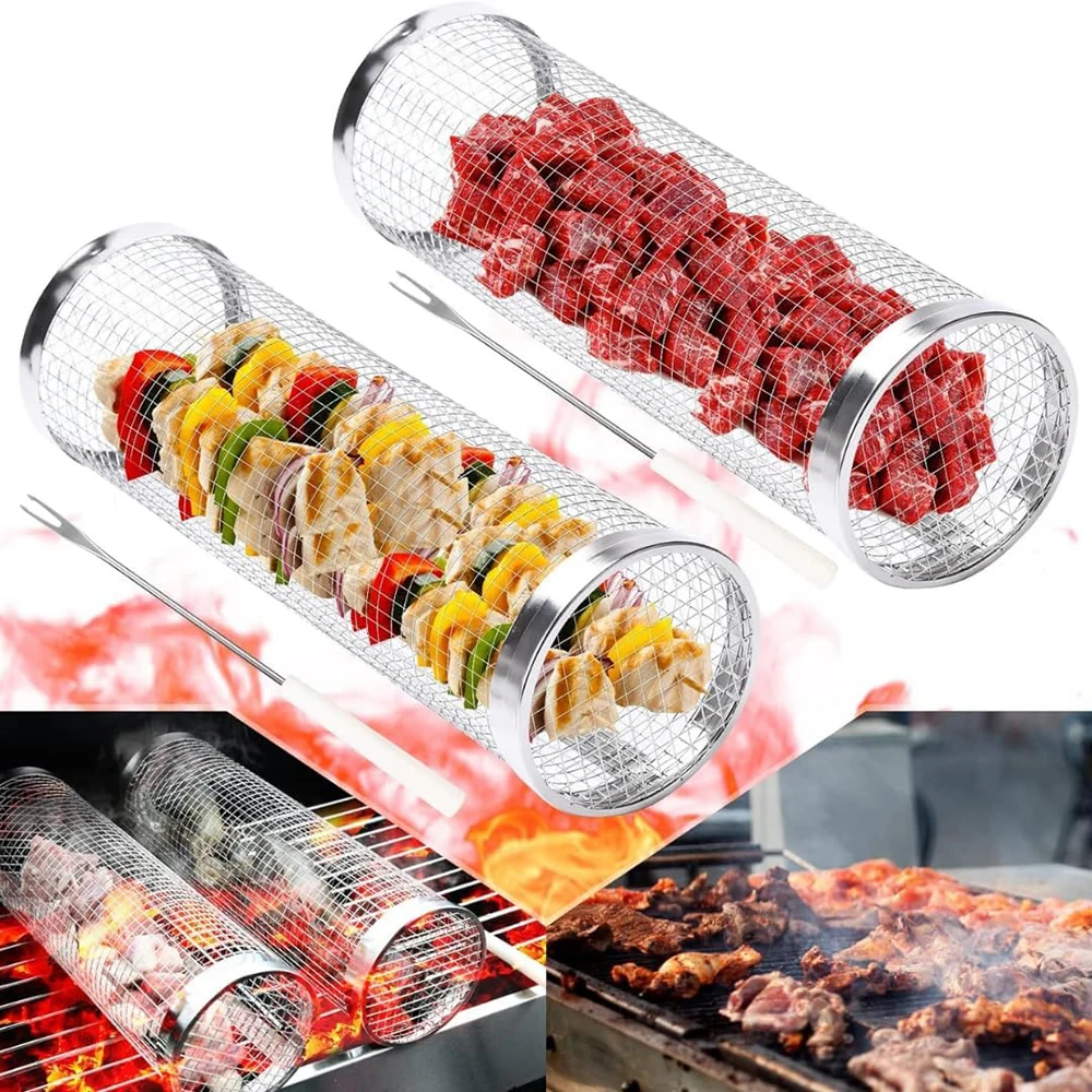 1 pçs de aço inoxidável churrasco tambor rack com alça cilíndrica churrasco baskr campinet adequado para legumes e carne acampamento