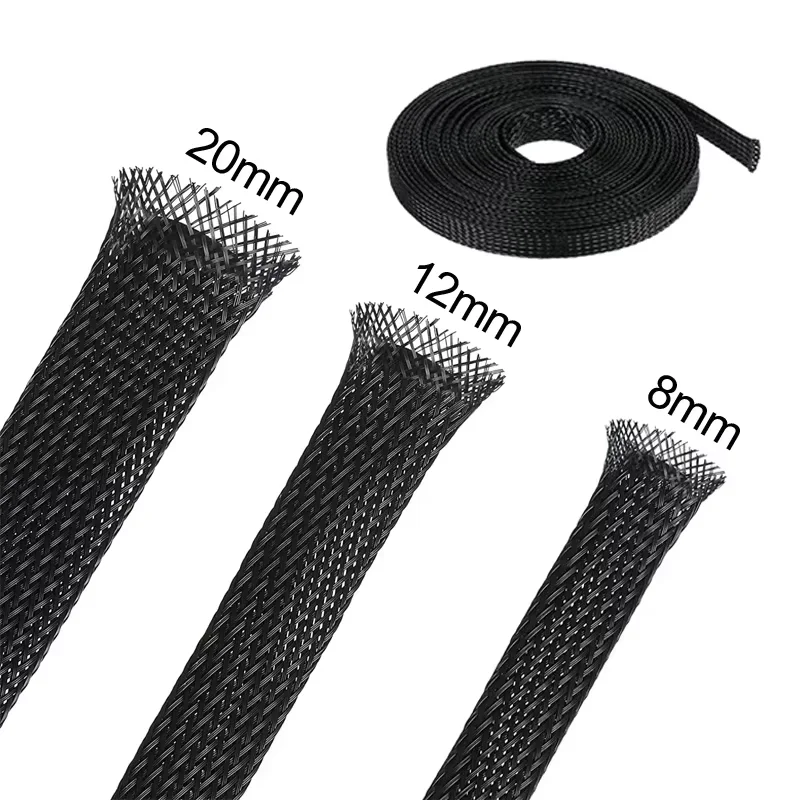 10M สีดําฉนวน Braid Sleeving 4-30 มม.PET Wire CABLE GLAND ป้องกันสายเคเบิลทนไฟไนลอนหลอด