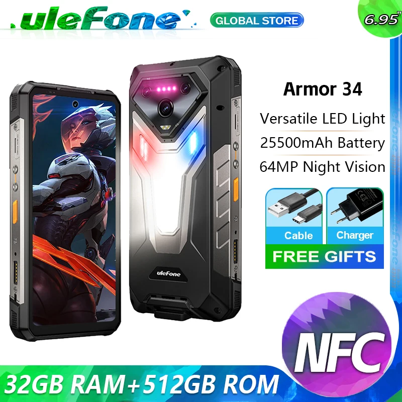 【Estreia mundial】Ulefone Armor 34 5G AI Telefone robusto 25500mAh até 32GB + 512GB 120Hz 6,95" NFC Android 15 Smartphon