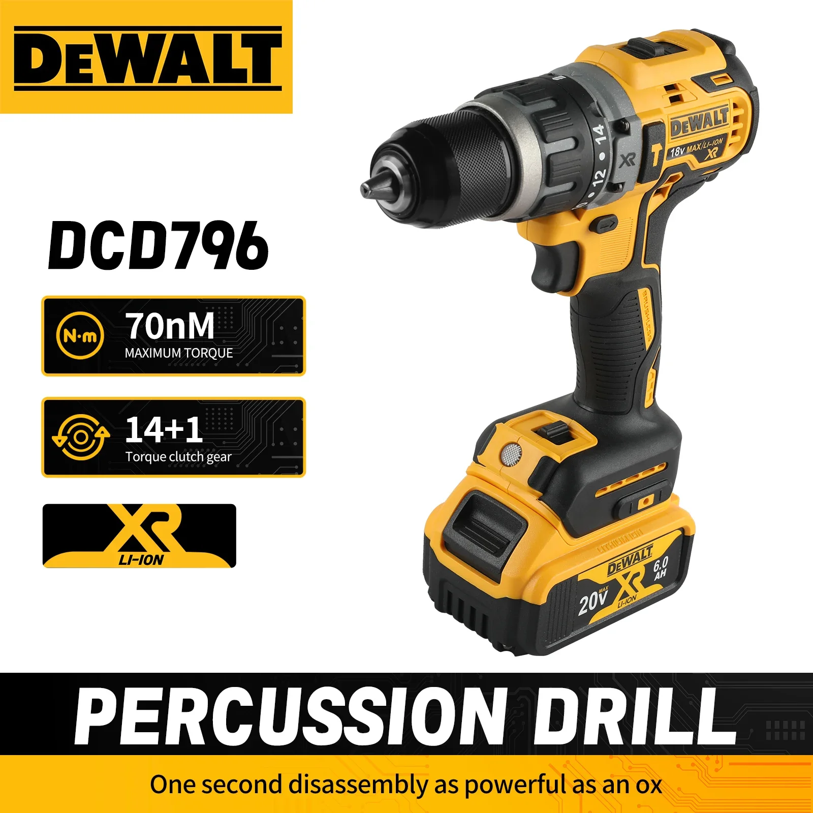 Dewalt DCD796 2000RPM Cordless Electric Drill Brushless Driver Adjustable Speed Impact Hand Drill Rechargeable Power Tools