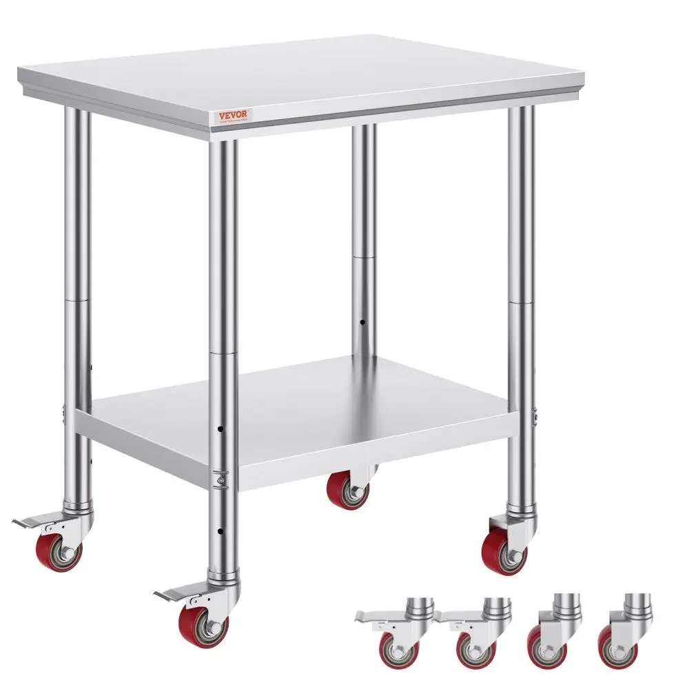 Tavolo da lavoro da cucina regolabile in acciaio inossidabile su ruote Banco da lavoro mobile a doppio strato 76x60x80 cm con rotelle bloccabili