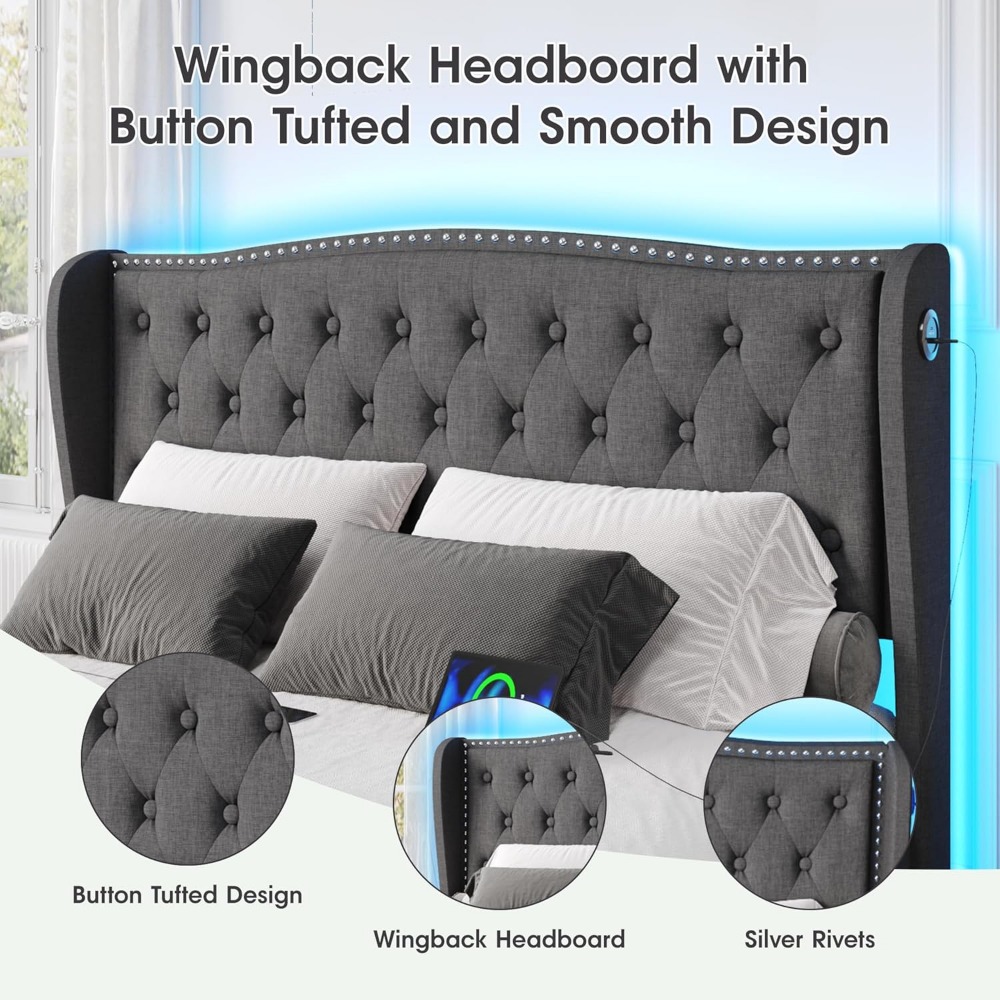 Vabches Queen Size LED Bed Frame with Storage Drawers and Charging Station, Upholstered Platform Bed Frame with Wingback Headboa