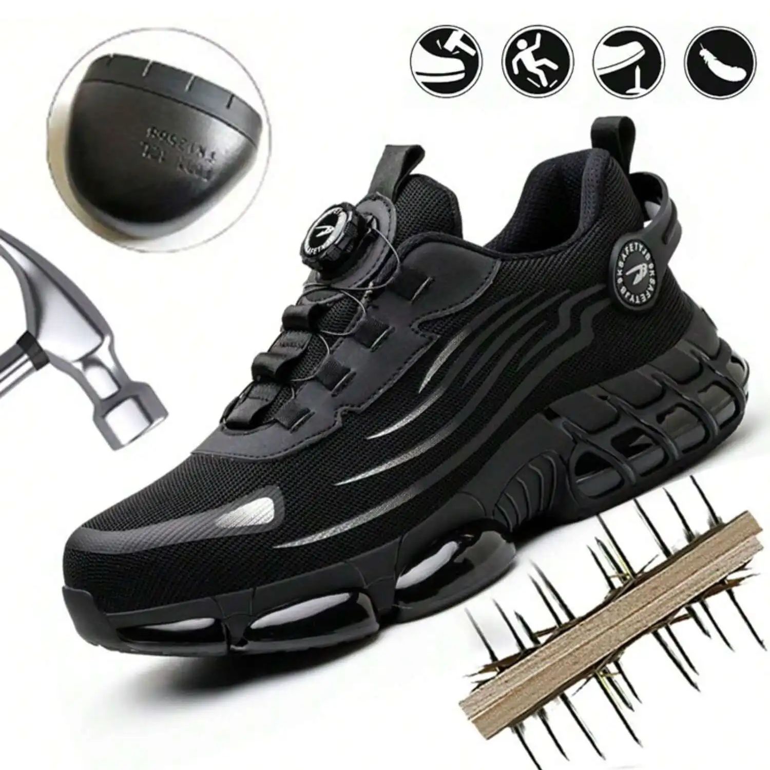 Zapatos de seguridad con botón giratorio, talla 37-48 para hombres y mujeres, zapatillas con puntera de acero, zapatos sin cordones, botas antigolpes a prueba de pinchazos