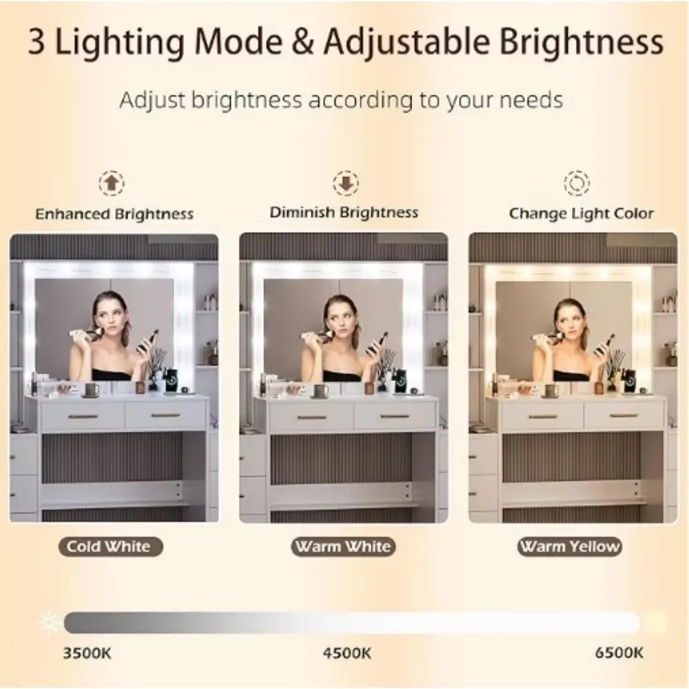 58.3" Makeup Vanity Desk with Charging Station, White Makeup Dressing Table with Mirror & Lights, 3 Lighting Modes Adjustable