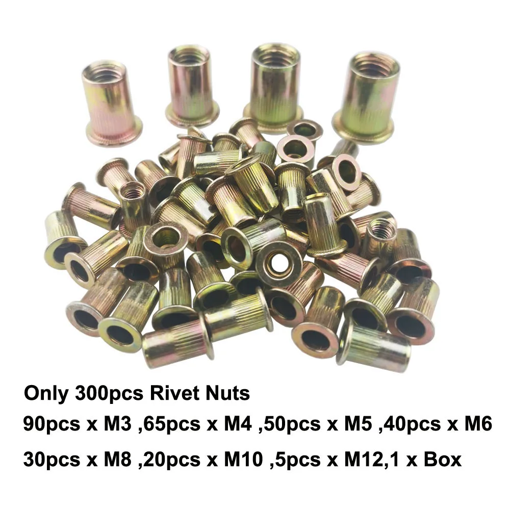 ALLSOME 300Pcs Niet Mutter Metric Aluminium Legierung Muttern Einsatz Nieten M3 M4 M5 M6 M8 M10 M12 Flache Kopf mutter Sets Kit
