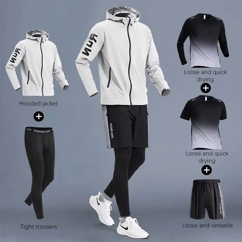 ชุดกีฬาผู้ชายชุดวิ่งเกียร์การฝึกอบรมสวมใส่เสื้อผ้าแห้งวิ่งขี่จักรยาน Tights สําหรับฤดูใบไม้ผลิฤดูใบไม้ร่วงกีฬาฟิตเนสเสื้อผ้า