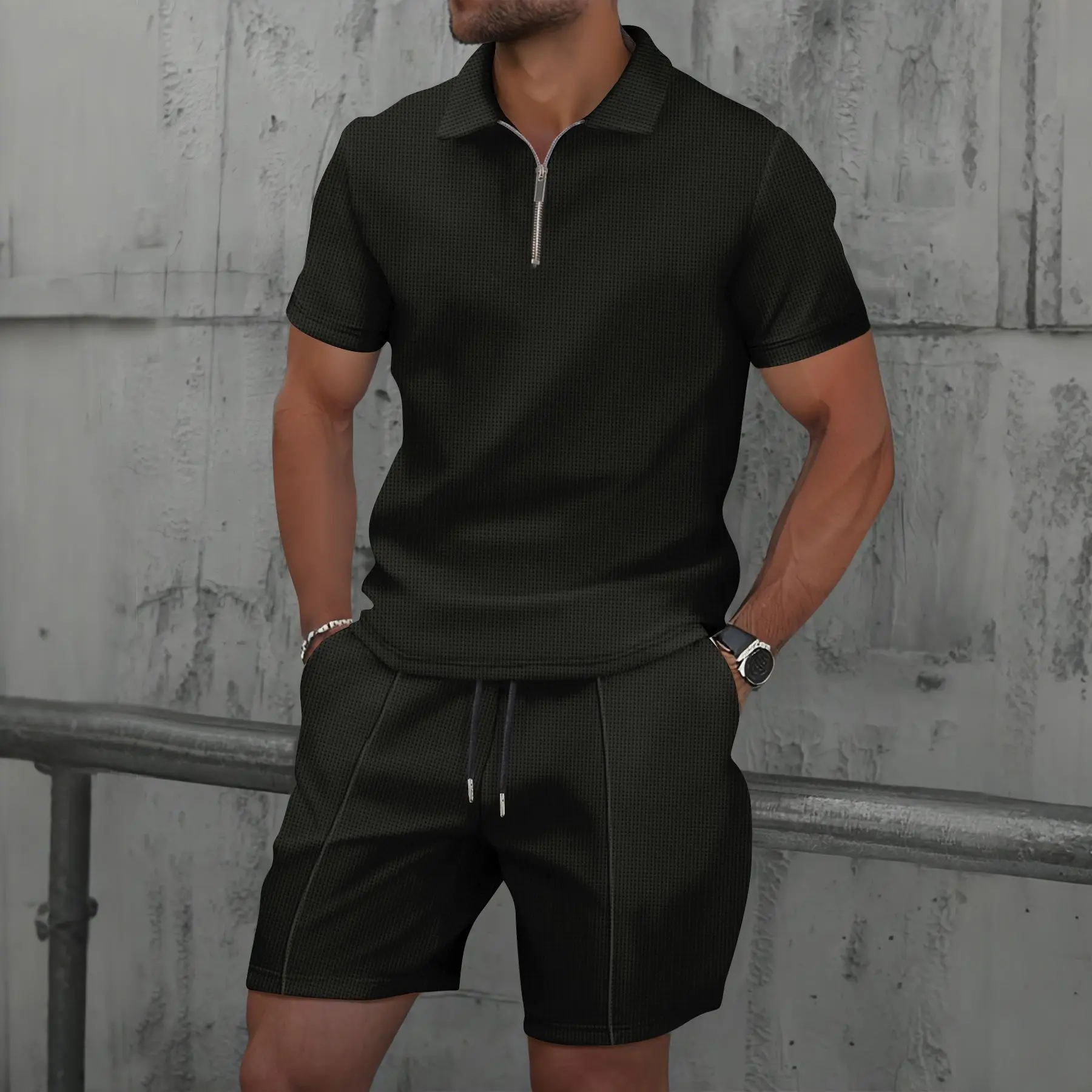 2025 einfacher Herrenanzug Sommer neuer Kurzarm-Shorts zweiteiliger Outdoor-Freizeit hübscher einfarbiger Trendanzug für Herren