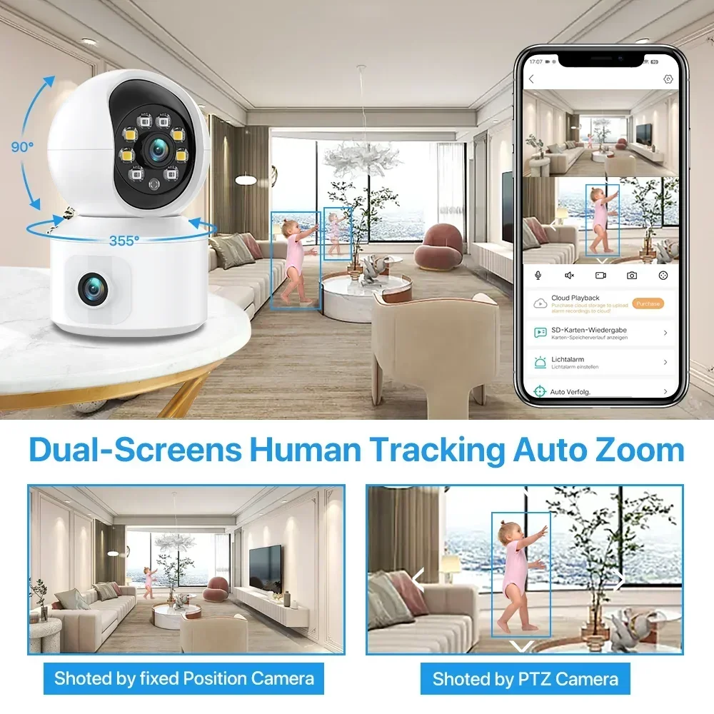 6MP WiFi IP Kamera Dual Lens Baby & Home Security PTZ Auto Tracking Überwachung mit iCsee App Unterstützung