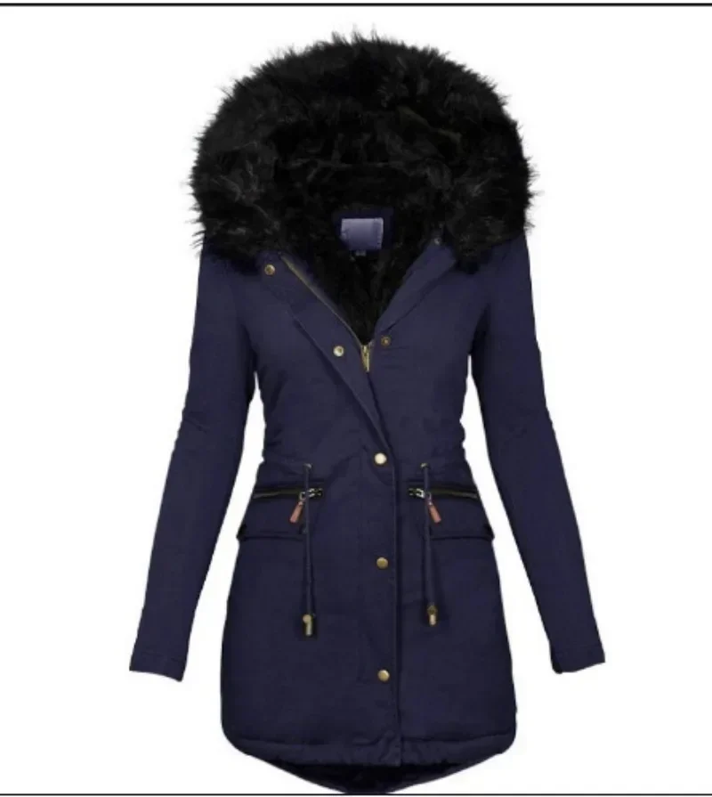 Nueva chaqueta ajustada y delgada para mujer, abrigo de algodón con cremallera cálida de longitud media con capucha y cuello de lana de Color sólido para mujer