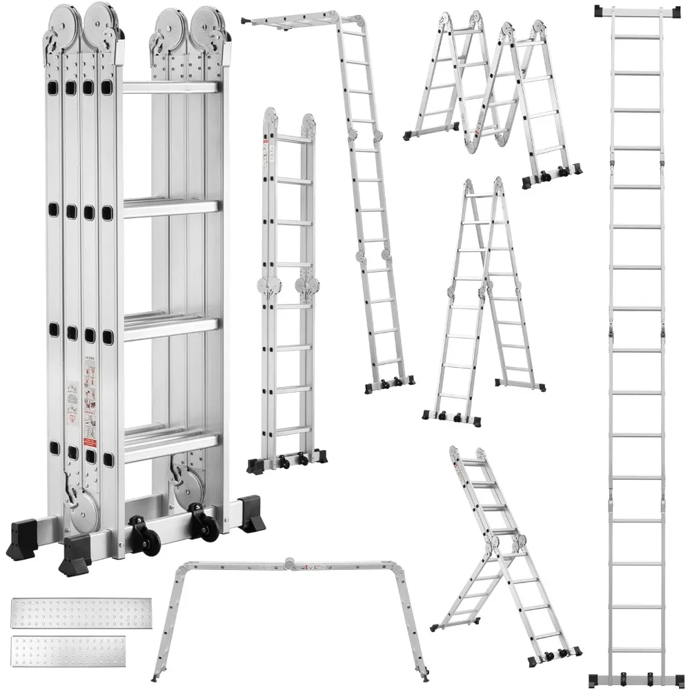 Escalera Multiusos 7 en 1, 4x4 Escalones 4,70 M de Aluminio, Escalera multifunción con 2 Plataformas y 2 Ruedas Rimovibili, 16