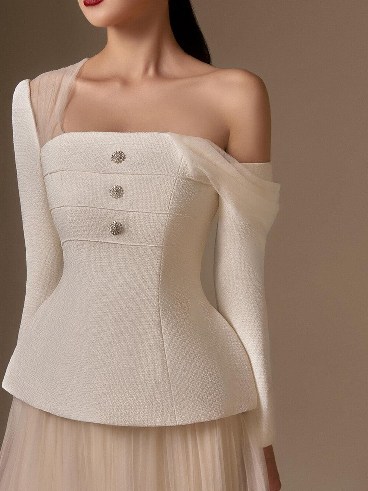 TWOTWINSTYLE-conjunto adelgazante de dos piezas para mujer, Túnica de manga larga con cuello Diagonal, Top de cintura alta, falda de línea A, conjuntos de moda para mujer