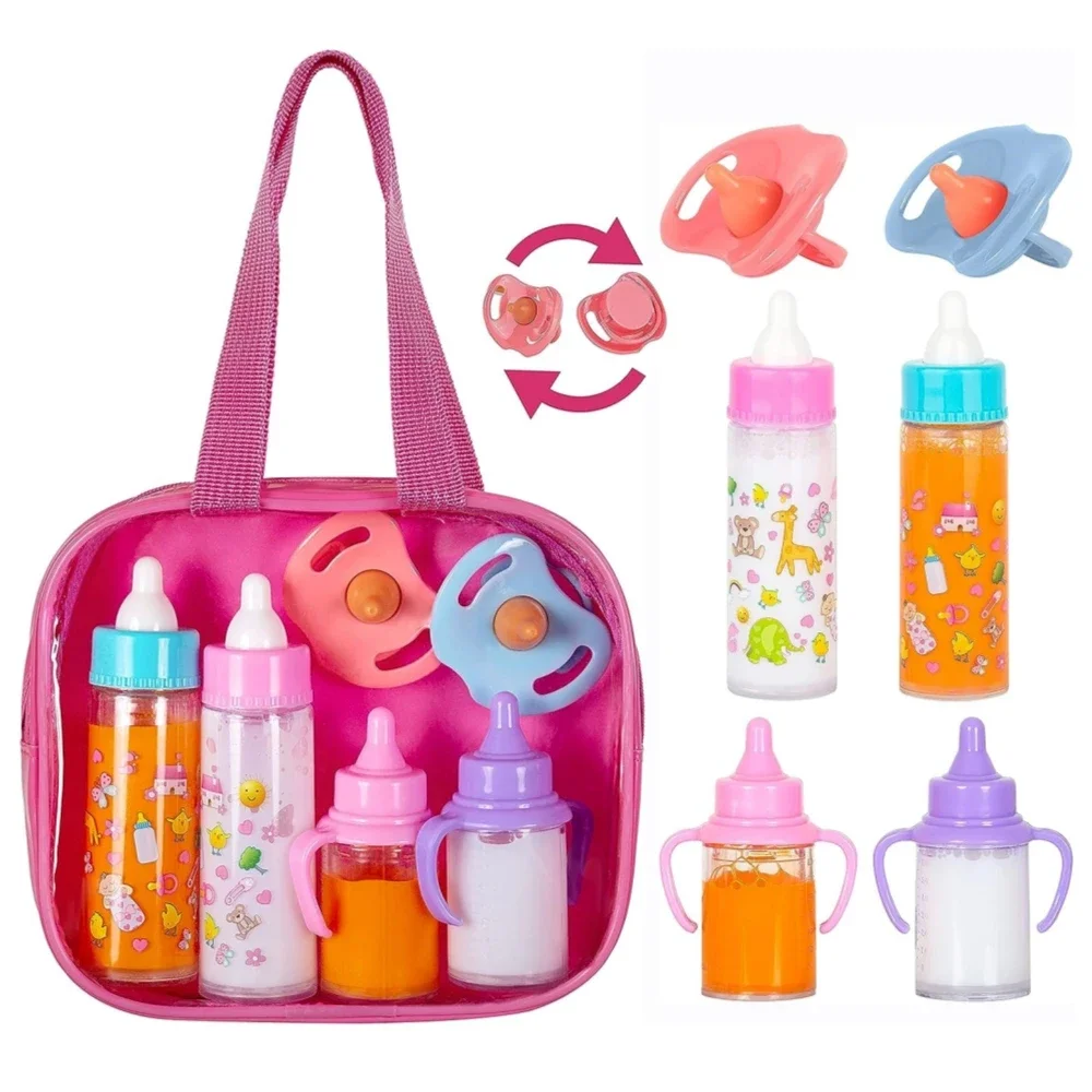 Conjunto de garrafa de alimentação para boneca de bebê, tamanho grande, carrinho de brinquedo para cuidados com o bebê, 2 peças, garrafas de leite e suco com chupeta de brinquedo para bonecas