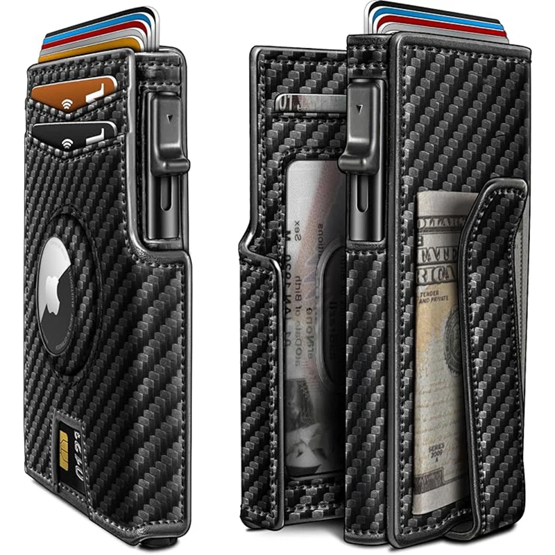 YATBEST Men's Genuine Pickup Bag RFID Anti Theft Brush Magnetic Tape Airtag Positioning Slot Automatic Pop up Metal Wallet
