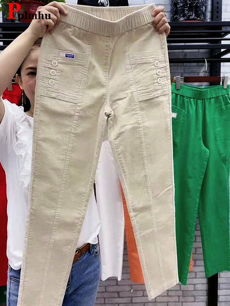 Mulheres casuais veludo harem calças coreano elástico de cintura alta lápis pantalons primavera outono mãe pantalones tornozelo comprimento