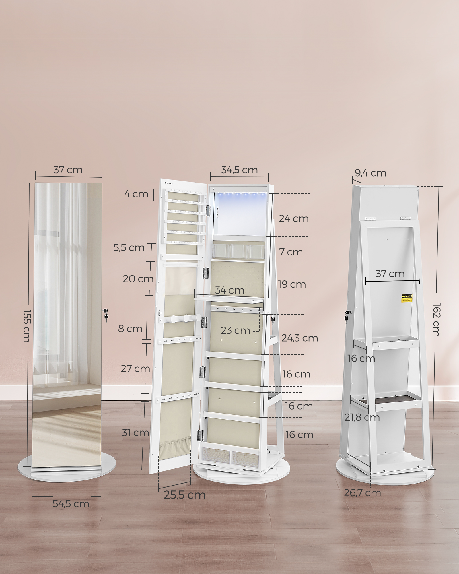 SONGMICS Schmuckschrank mit LED und Spiegel, 3 Ablagen, 360° drehbar