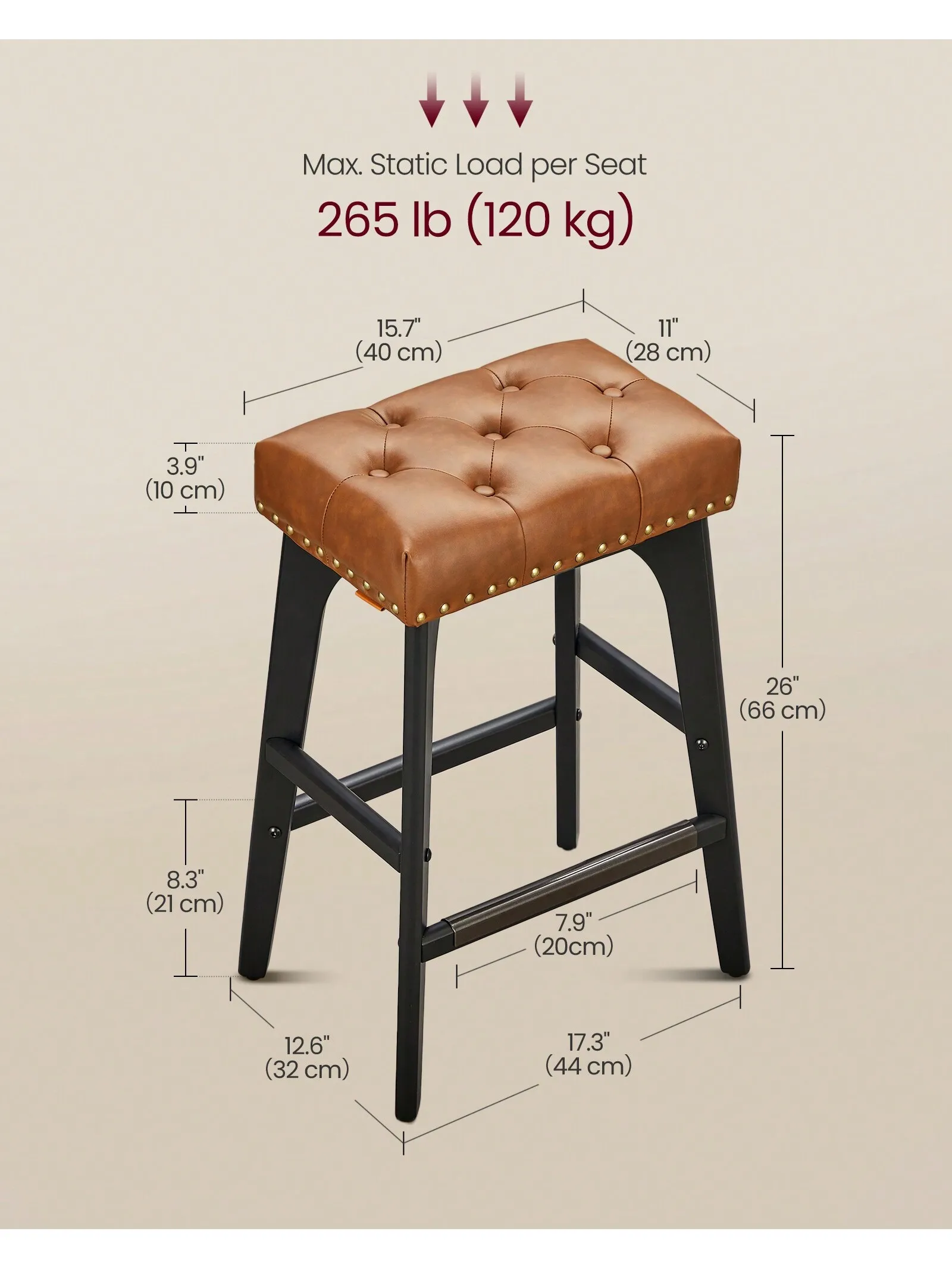 VASAGLE Bar Stools Set Of 2, Counter Height Saddle Bar Stools, 26-Inch Backless Kitchen Stools With Wood Legs, PU Leather Thi