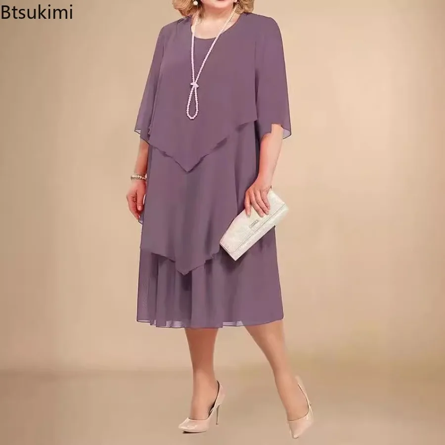 Plus Size Elegantes Chiffonkleid Damen Unregelmäßiger mehrlagiger Saum Fließendes Midikleid Mode Party Hochzeit Gast Sommer O-Ausschnitt Kleider