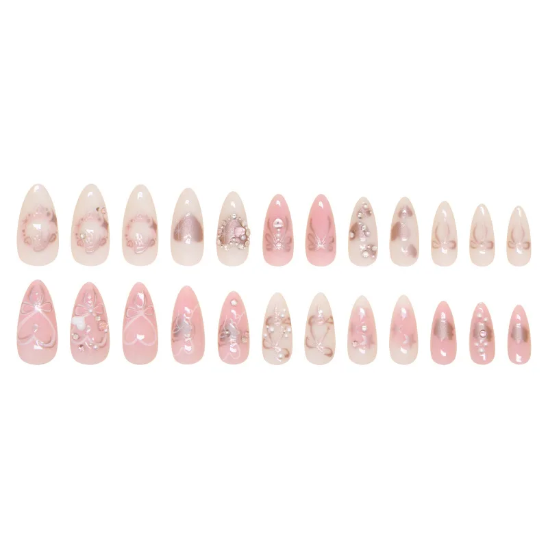 24 Uds. Parches para uñas postizas dulces, puntas de uñas postizas desmontables con lazos, diseño de perlas de corazón de amor, almendra rosa, prensa coreana en las uñas