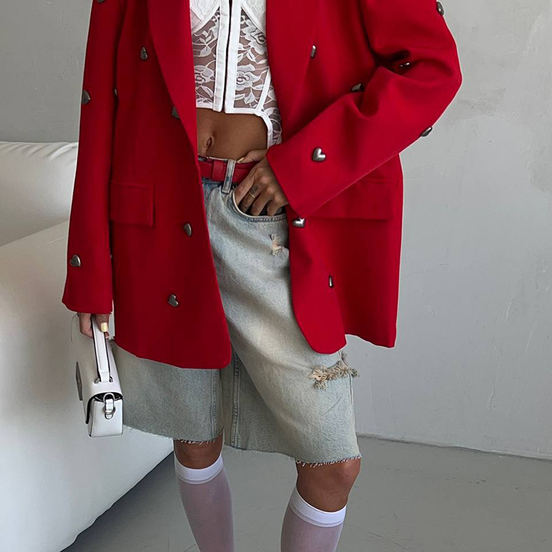 TWOTWINSTYLE Solide Patchwork Herz Dekoration Blazer Für Frauen Kerb Kragen Langarm Casual Lose Mäntel Weibliche Mode Neue