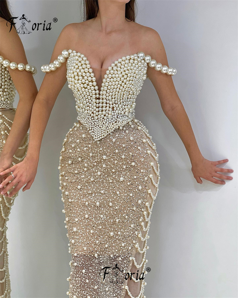Elegante volle Perlen Perlen formelle Abendkleider Champagner Quasten ärmellose boden lange Ballkleid Promi Robe de Soiree