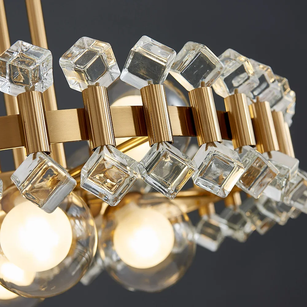 Lampu Gantung Modern Kristal Baru Tiba untuk Ruang Tamu Dekorasi Rumah Perlengkapan Dapur Bulat Emas Lampu Gantung Batu Warna-warni