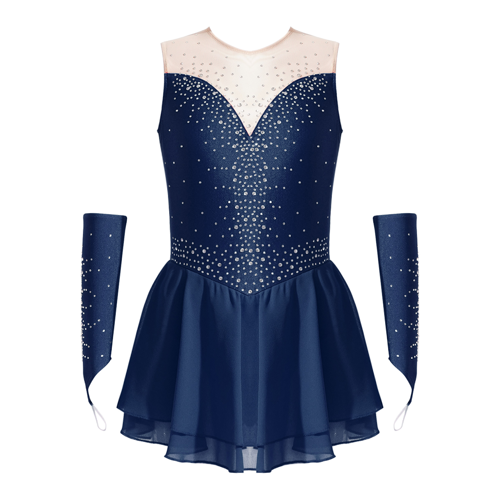 Künstlerisches Eiskunstlauf-Tanzkleid für Kinder, Mädchen, mit Handschuhen, glänzenden Strasssteinen, Rhythmus-Gymnastik-Trikot, lyrisches Ballett-Tutu-Kleid