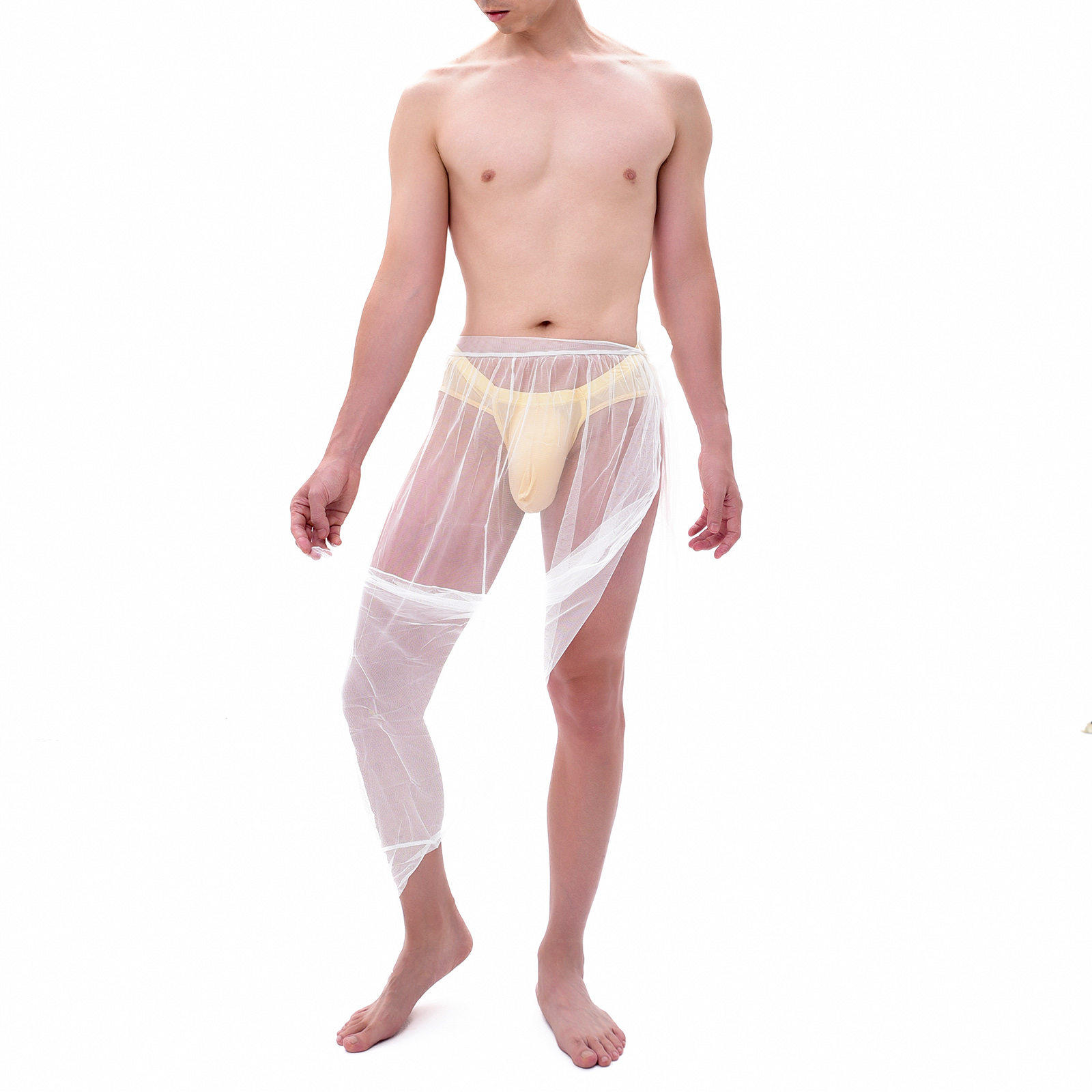 CLEVER-MENMODE Pijamas para hombre, pantalones sexis de malla para dormir, ropa de dormir larga transparente, Culottes, camisón derramado lateral transparente