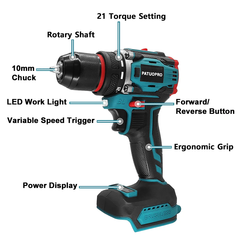 10mm Brushless 2-Speed สว่านไฟฟ้าสว่านไร้สายไขควงโลหะ Chuck เจาะเครื่องมือสําหรับ Makita 18V แบตเตอรี่ (ไม่มีแบตเตอรี่)