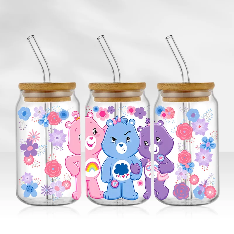 Oso lindo de dibujos animados 16OZ UV DTF taza envolturas pegatina de transferencia para vidrio Libbey lata botella autoadhesiva lavable DIY personalizado