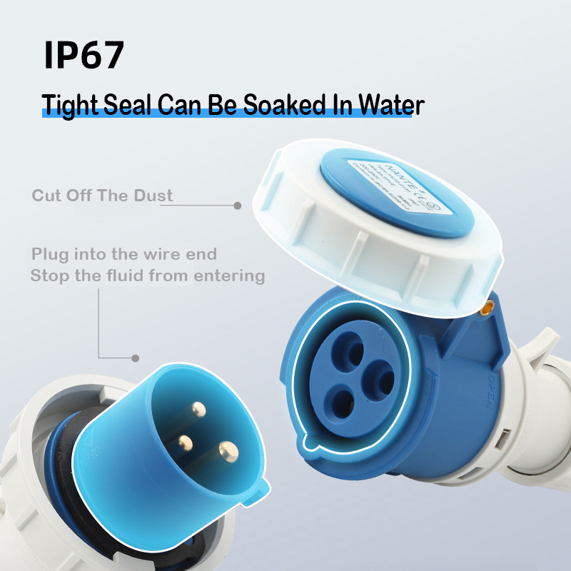 Plugue e soquete industriais impermeáveis, Soquete masculino e feminino, Marine and Motor Homes, IP67, 16A, 32A, 3Pin