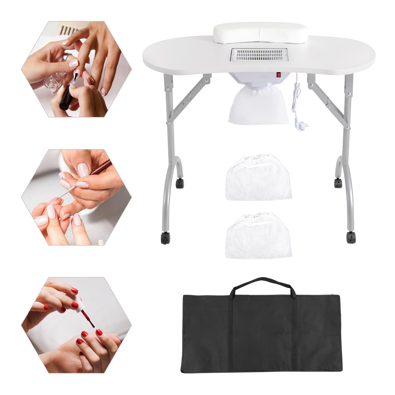 Tavolo manicure con ventosa Tavolo mobile per unghie con ruote e sacchetto per la raccolta della polvere, tavolo da studio mobile per salone di bellezza Bianco