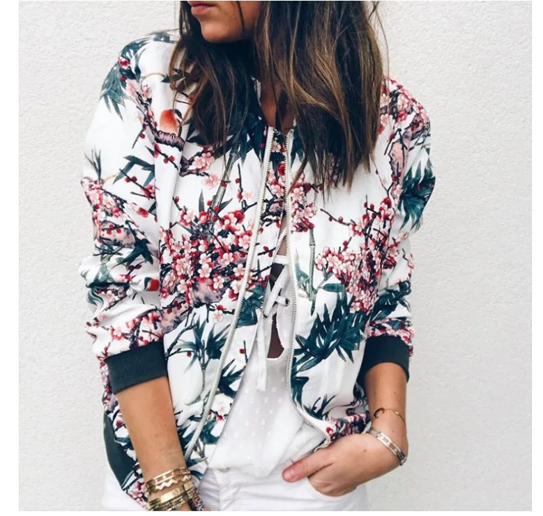 Feminino elegante zíper jaqueta bomber primavera outono floral impresso jaquetas escritório wear fino casaco de escritório retro outwear
