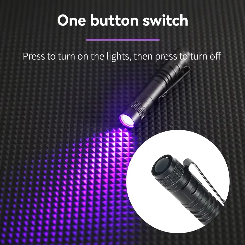 395nm ไฟฉาย UV ไฟฉายอัลตราไวโอเลตพร้อมคลิปปากกาแบบพกพาแสงสีม่วงปัสสาวะสัตว์เลี้ยงเครื่องตรวจจับแมงป่อง UV โคมไฟใช้แบตเตอรี่ AAA