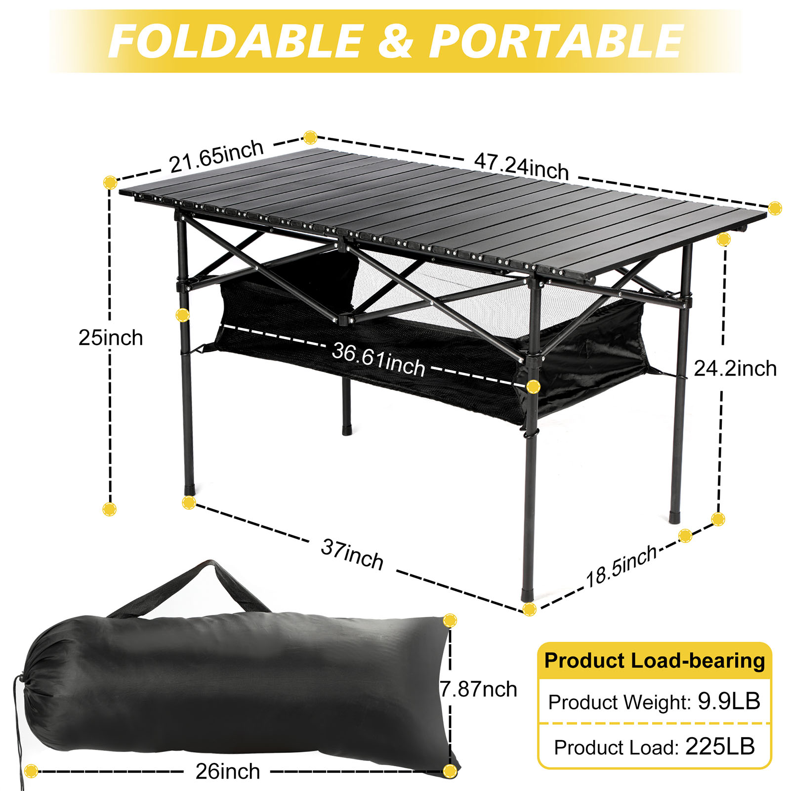 Table longue pliante d'extérieur, rangement Portable, bureau de Camping noir, Table de Barbecue, pique-nique, pêche, facile à installer avec sac en filet